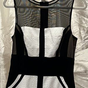 Vintage Cache Faux Crocodile Embossed Bodycon Dress Sz 10 Black White Mod Sheer